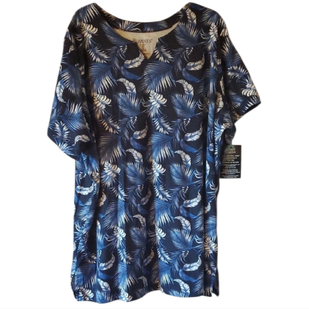 Romans Women's Blue Leaf Print Top 3X Notch neck short sleeves NEW Cotton/Poly